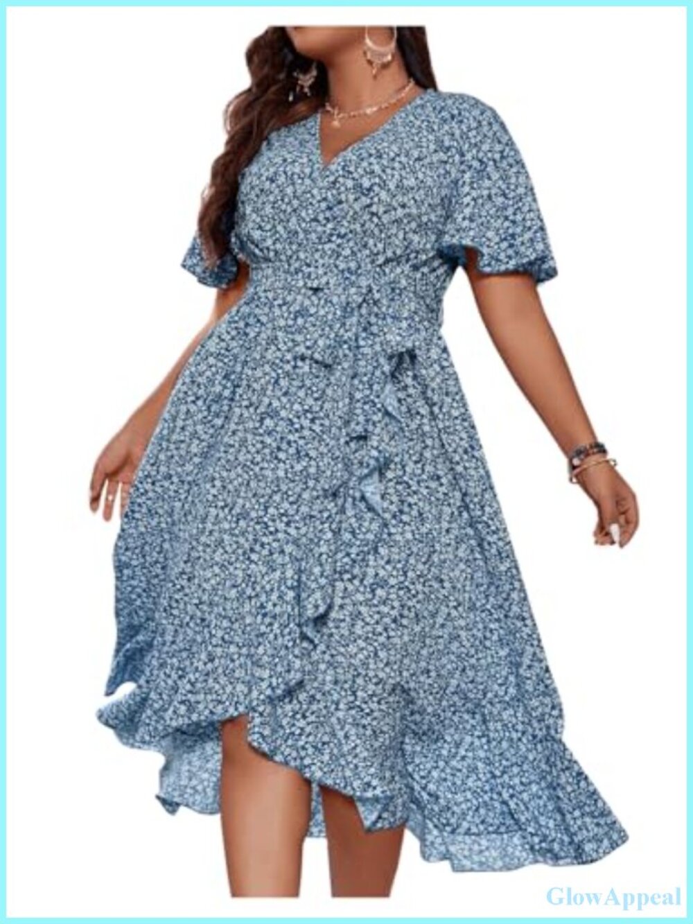 Plus Size Boho Flutter Short Sleeve Ruffle Hem A Line Midi Dress